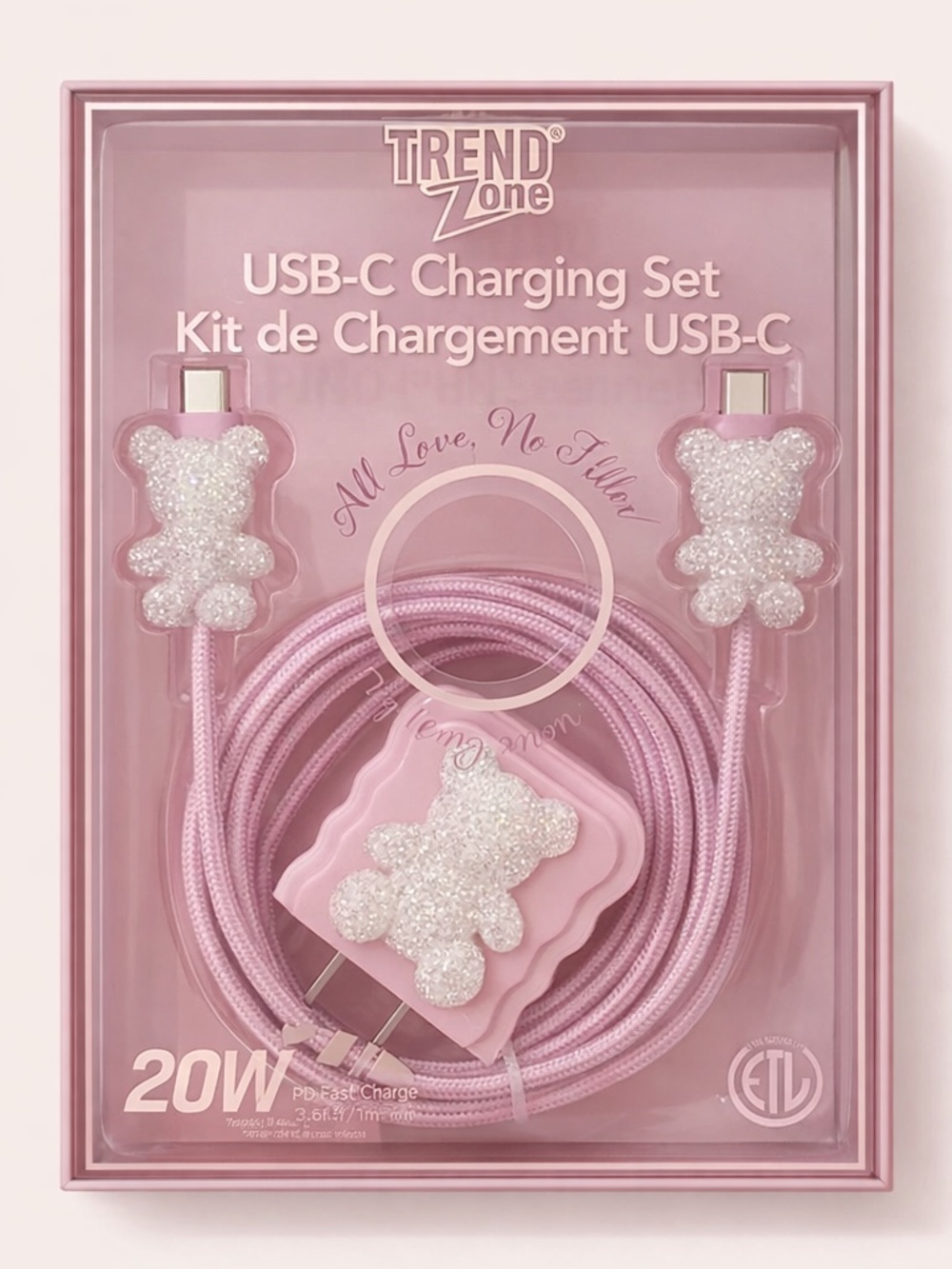NWT Pink Holographic Rhinestone Teddy Bear USB-C Charger Set w/ Plug